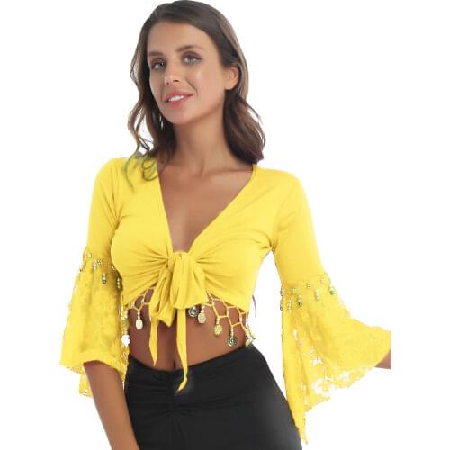 Women Belly Dance Costume Lace Patchwork Three Quarter Flare Sleeve Tassel Lace-Up Shawl Cardigan Stage Performance Crop Tops