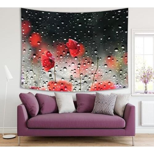 Tapestry Poppies Flowers View From the Window Glass Covered by Raindrops Rainy Summer Day Nature Scene Red and Black