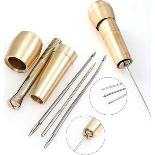1 Set Copper Handle Awl Shoes Repair Tool Leather Canvas Shoe Repair Tool Hand Stitching Leather Craft Needle Kit