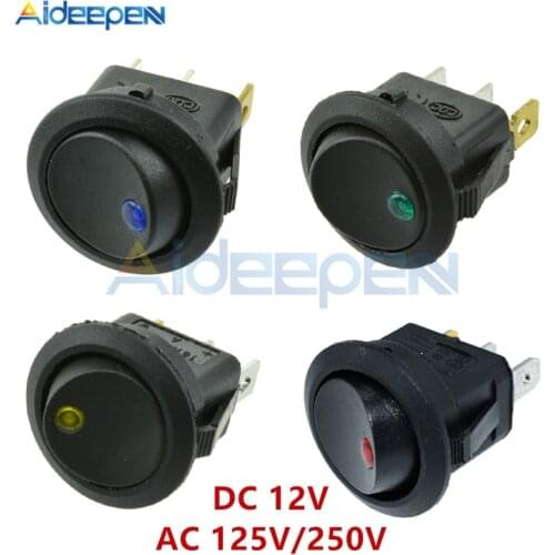 DC 12V Round LED Dot Light Switch Car Boat Round Rocker 3Pin ON/OFF Toggle SPST Switch Blue Yellow Red Green AC 125V 250V