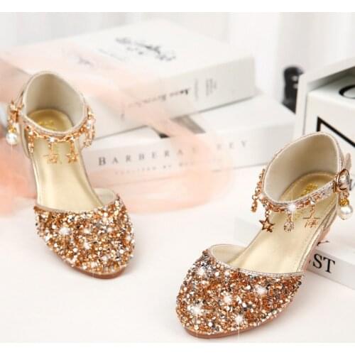 Summer Children Princess Shoes For Girls Sandals Party High Heel Shiny Rhinestone Kids Glitter Leather Shoes Dance Wedding Dress