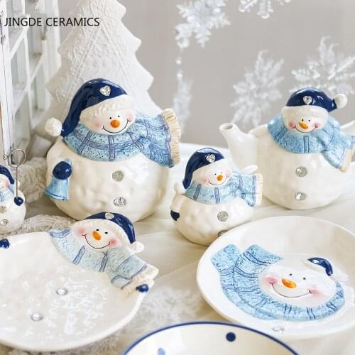 WSHYUFEI Cute Snowman Ceramic Crafts Snack Bowl Teapot Storage Jar Seasoning Bottle Plate Home Kitchen Tableware Christmas Gift