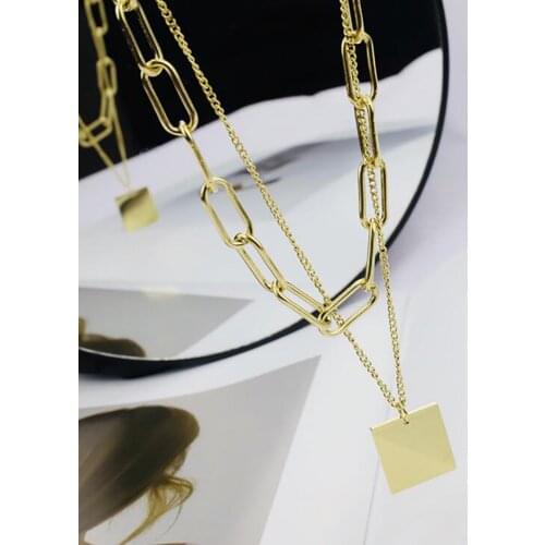 Stainless Steel Fashion Gold Ins Link Chain Square Geometry Disc Pendant Necklace Minimalism Women Jewelry Gift For Him