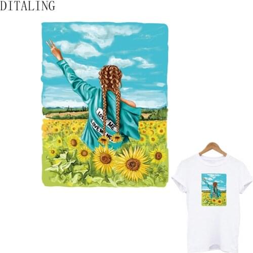 Sunflower Girl Patches On Clothing DIY Washable Sticker On T-Shirt Heat Transfer Patch Fashion Lady Iron On Transfers On Clothes