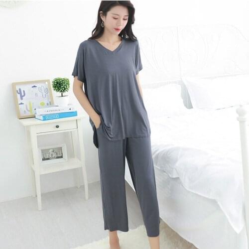 New Modal Summer Pyjamas Solid Minimalist V-neck Womens Pajamas Short Wide-legged Pants Sleepwear Loose Casual Two Piece Set