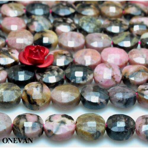 ONEVAN Natural Black Stripe Rhodochrosite Rhodonite Faceted Flat Round 6mm Stone Beads Bracelet Necklace Jewelry Making Diy
