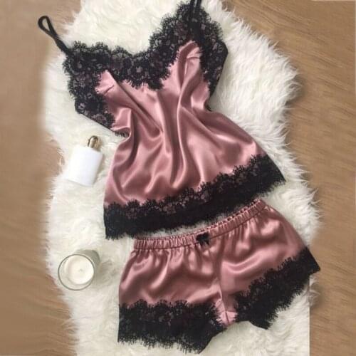 Explosive womens nightwear Simulation silk strapless cami shorts pajamas suit Large size solid lingerie Sexy