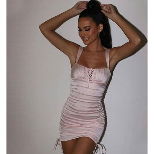 NewAsia Pink Satin Dress Women Spaghetti StrapsHollow Out Criss-cross Tie Up Sexy Dresses Summer Drawstring Ruched Vestidos Pink