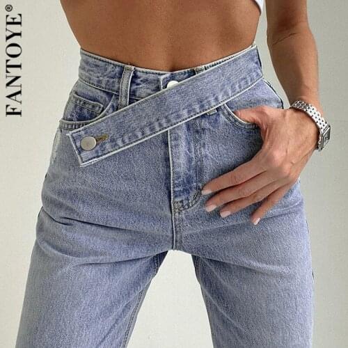 FANTOYE Straight High Waist Button Long Pants Women Autumn Casual Fake Zippers Cotton Jeans Loose Streetwear Ladies Denim Pant