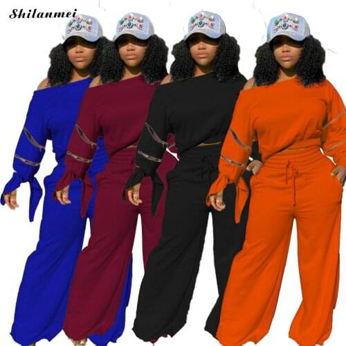 Women Two Piece Set Solid Color Off Shoulder Bow Tie Long Sleeve Top+Pant Suits Street Wear Autumn Winter Outfits Matching Sets