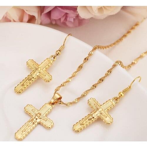 Gold small cross Pendant Necklace chain Earrings sets Jewelry Gold Christian jewelry sets for women girl Best Jesus Gifts