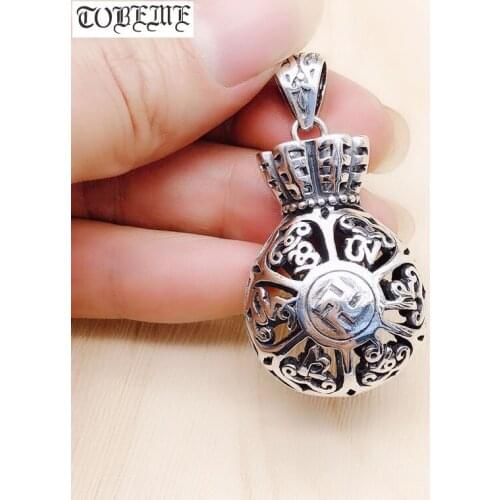 100% 990 Silver Tibetan Six Words Pendant vintage pure silver Lucky Money-bag Pendant Good Luck Buddhist Wanzi Symbol Amulet