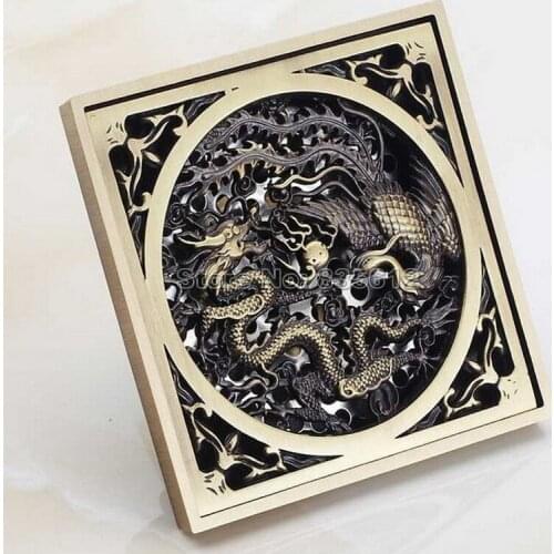 Antique Brass Dragon Phoenix Carved Bathroom Floor Waste Grate Shower Drain Drainer Whr017