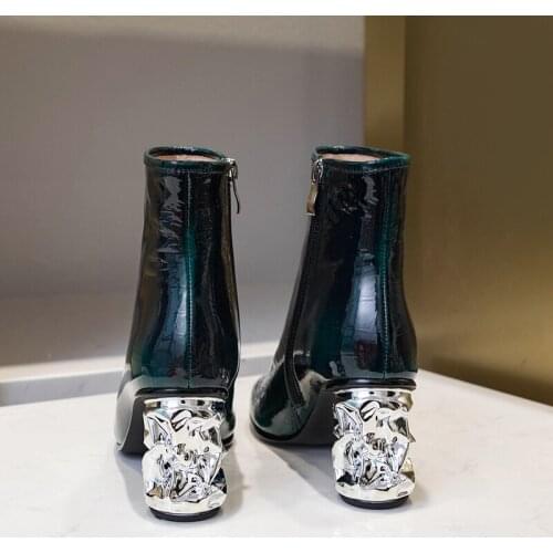 Luxury brand Chelsea boots womens strange heel shoes patent cow leather preppy style ankle boots zapatos de mujer size 43