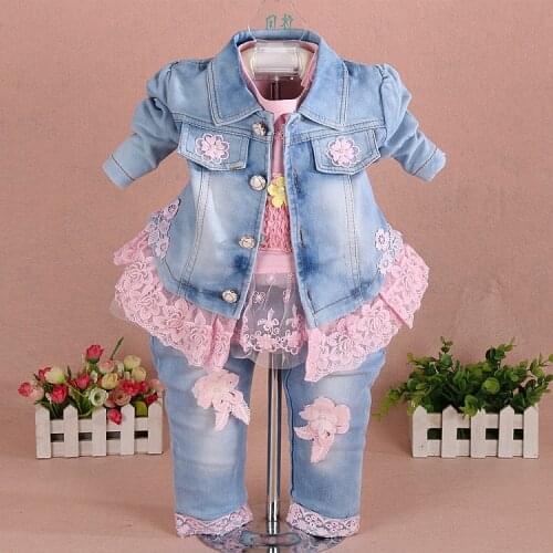 Lace And Pink 0-3 Years Little Girl Clothes Set Denim Jacket Long Sleeves T Shirt And Jeans 3 Piece Set Girl Baby Denim Skirt