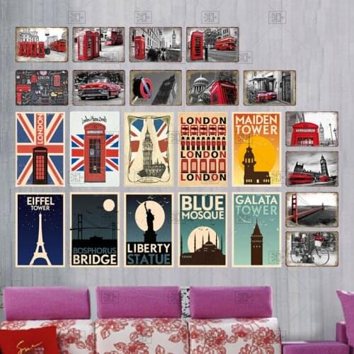 Eiffel Tower Statue Of Liberty Retro European Street View Pattern Metal Decorative Sign Home Decor Wall Paste Hanging Plaque