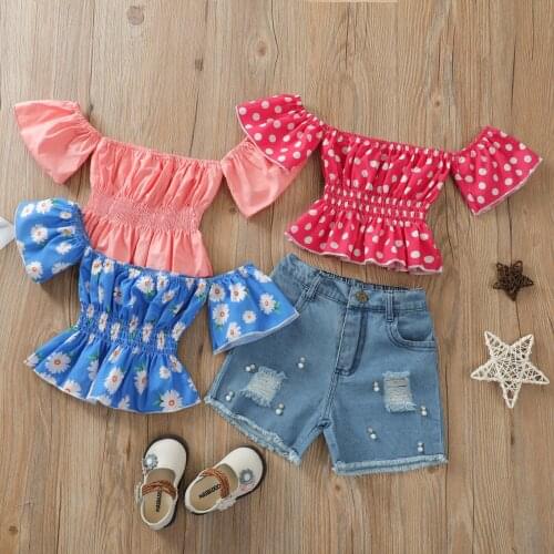 FOCUSNORM 1-6Y 2pcs Infant Kids Girls Clothes Sets Off Shoulder Short Sleeve Flowers Printed T Shirts Denim Pearl Shorts