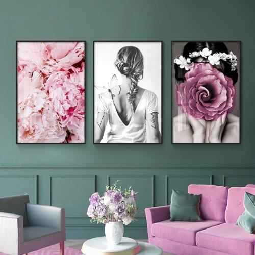 3 Pieces Pink Peony Flower Woman Wall Art Canvas Painting Modern Vogue Pictures for Living Room Home Decoration
