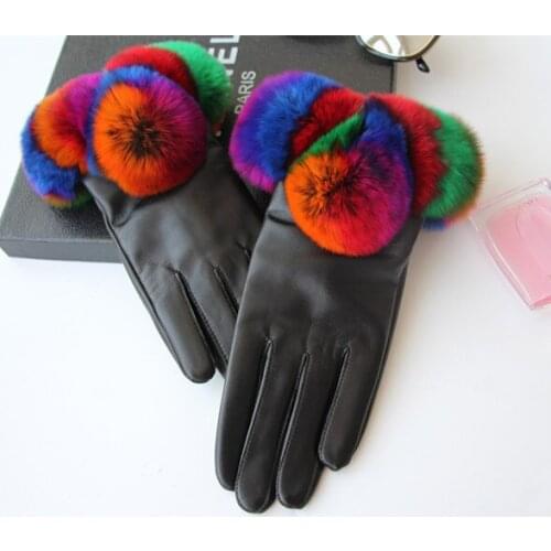 Fur Leather Gloves Colorful Hair Mouth Lambskin Strong Rabbit Hair Plus Velvet Touch Gloves