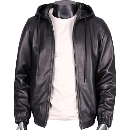 High Quality Mens Hooded Leather Coats Sheepskin Jackets Simple Fashion Natural Soft Genuine Leather Coat With Cap Streetwear