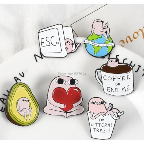 New 20Pcs 6 Styles Pink Monster Avocado coffee cup love Brooch Lapel Pin Action Figure Toy
