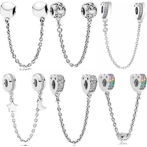 Original Logo Ball Swirling Filigree Arcs Of Love Moon & Star Safety Chain Beads Fit Europe 925 Silver Charm Bracelet Jewelry