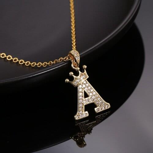 Crown Initials Pendant Necklace Mens and Womens Capital Letters Gold-plated Zircon Stainless Steel Chain Hip Hop Jewelry