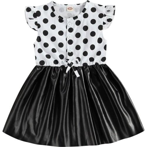 Little Baby Girls Summer Fly Sleeve Dress round neck Sweet Polka Dot Button down Leather Stitching A-line Princess Dresses