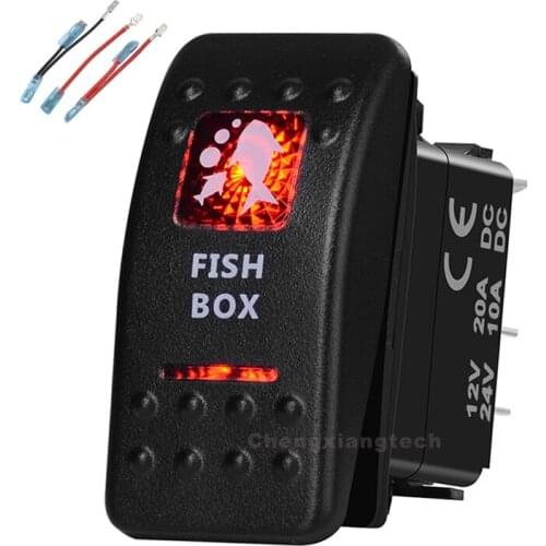 Fish Box Printed Rocker Switch Red Led 5 Pin on-off Single Pole Single Throw Waterproof for Car Boat 12v/24v+Jumper Wires Set