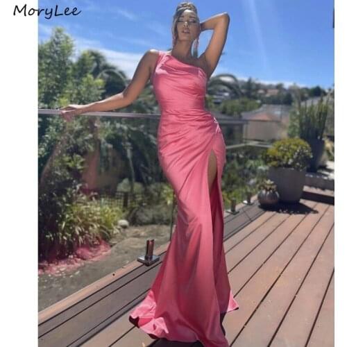Sexy Prom Dresses One Shoulder Silk Satin Pleated Side Slit Mermaid Prom Dresses With Side Zipper vestidos de fiesta de noche