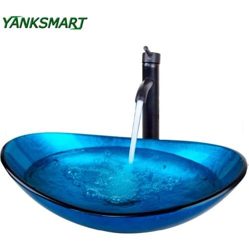 YANKSMART FBA Artist Bathroom Round Blue Tempered Glass Oval Wash Basin W/ORB Brushed Faucet Chrome Pop Up Drain Sink Combo Set