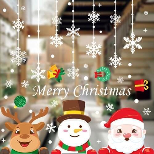 Merry Christmas Window Stickers Cute Cartoon Santa Claus Snowflake Elk Pattern Static Sticker Home Party Wall Stickers Decor