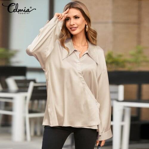 Celmia 2021 Spring Satin Blouse Women Fashion Long Sleeve Elegant Shirts Chic Oversize Casual Lapel Solid Tops Femme Plus Size