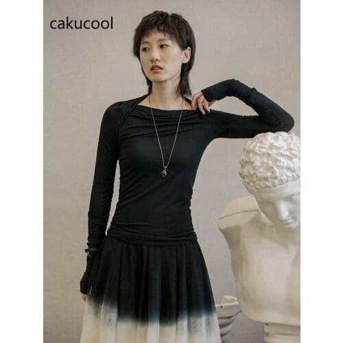 Cakucool 2019 Autumn Dark Wind thin Gloves Sleeves feminine Fashion black Slim bottoming T-shirt female