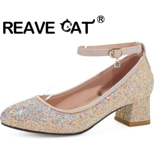 REAVE CAT 2021 Spring Wedding Bling Pumps Glitter Sequined Cloth Bows 4.5cm Thick Heel Shoes Ankle Buckle Strap Sweet Size 26-47