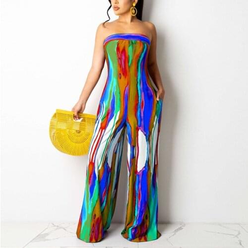 Women Jumpsuit Tube Top Sleeveless Cold Shoulder Color Abstract Printed Off Shoulder Casual Loose Overalls Jumpsuit