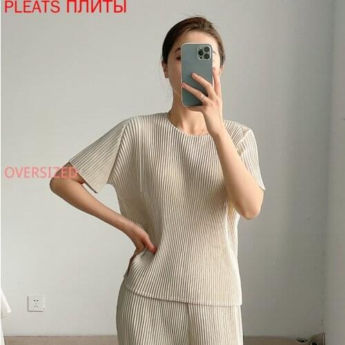 Miyake Pleated Top Women Loose and Thin Summer New Round Neck Solid Color Casual Pullover T-shirt Women PLEATS Oversized T