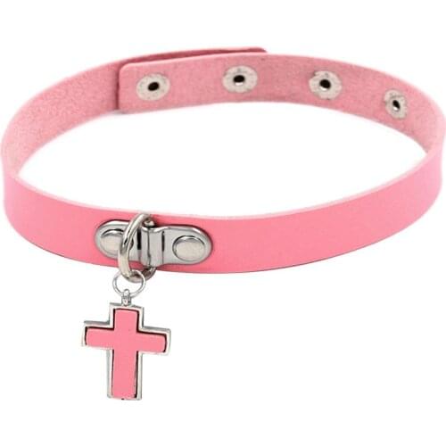 2021 New Fashion Pink PU Leather Cross Choker Necklaces Women Punk Chocker Bondage Necklaces collar for Women Female Jewelry