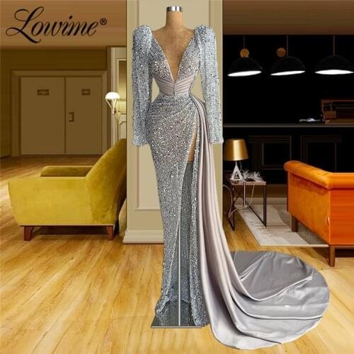 Lowime Deep V Neck Sequins Long Sleeves Party Dress Formal Long Evening Gown Robe De Soiree 2021 Customized Plus Size Prom Dress