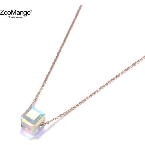 ZooMango Trendy Sparkling Square CZ Crystal Pendant Necklace For Women Rose Gold Titanium Stainless Steel Charm Necklace ZN19130