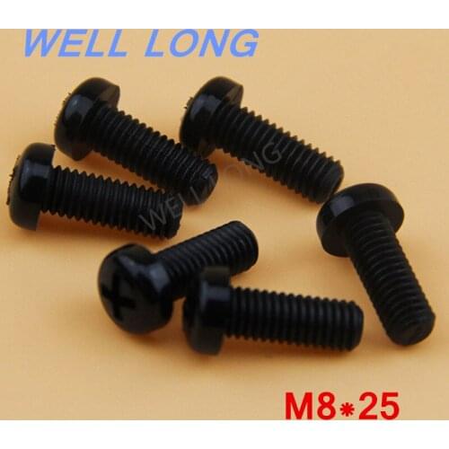 100pcs/lot M8*25mm Black Round head cross nylon screws, pan head plastic screws, plastic bolts
