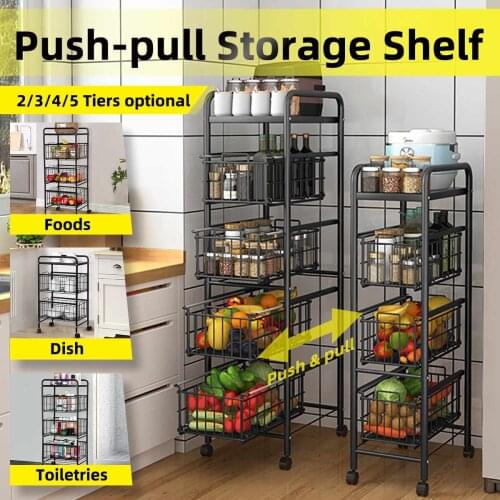 3/4/5 Levels Kitchen Storage Rack with Wheel Carbon Steel Square Holder Movable Home Floor Fruit Vegetable Bowl Shelf Organizer