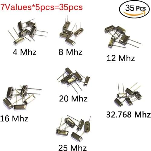 35pcs/Lot Crystal Oscillator Electronic Kit, HC-49S 7 kind DIP Quartz Oscillator 32.768Khz 4Mhz 8Mhz 12Mhz 16Mhz 20Mhz 25Mhz
