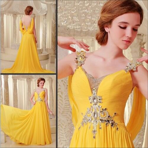 Free shipping 2018 luxury rhinestone crystal vestidos formal bride gown purple chiffon yellow long Graduation bridesmaid Dresses