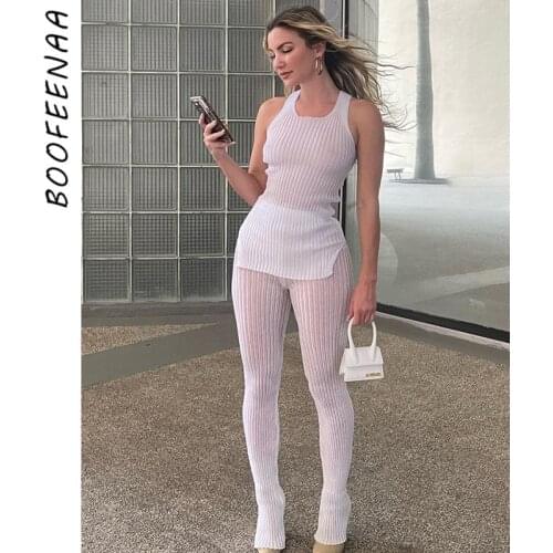 BOOFEENAA Sexy White 2 Piece Set Women Pant Sets Bodycon Ribbed Leggings Pantsuits Female See Through Matching Sets C83-BI18