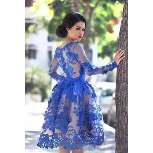 Royal Blue Applique Top Ladies Party Evening Formal Dress Knee Length Ballgown With Long Sleeves Prom Homecoming Dresses