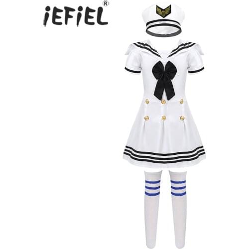 Kids Girls Sailor Uniform Cosplay Costume School Chorus Stage Performance Dancewear Outfit Short Sleeve Dress with Hat Socks Set