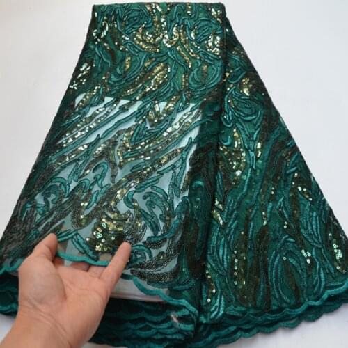 5yards/pc) 2021 Latest African sequins net lace fabric emerald green French lac fabric with beautiful embroidery FLP273
