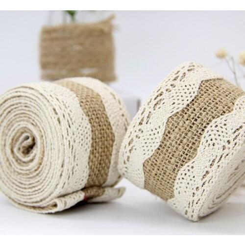 2M 5CM Width Natural Burlap Lace Ribbons with White Lace Trims for DIY Home Wedding Favor Decoration and Gift Packaging