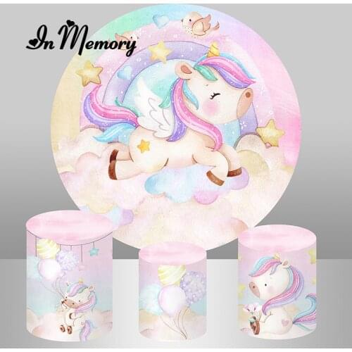 Cute Unicorn Round Backdrop Cover Baby Shower Newborn 1st Birthday Party Circle Photography Background Plinth Covers Customized